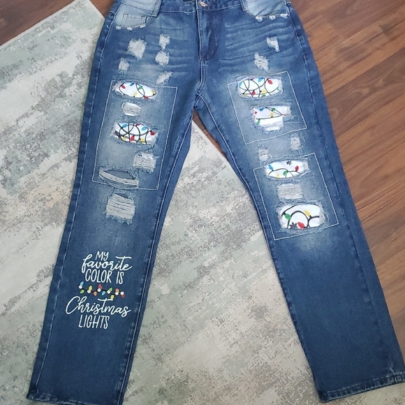 Denim - Blue Distressed Jeans with Christmas Lights Design